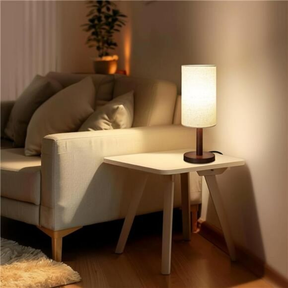 Small table lamp wood base linen shade LED nightstand light for bedroom desk - Picture 3 of 8